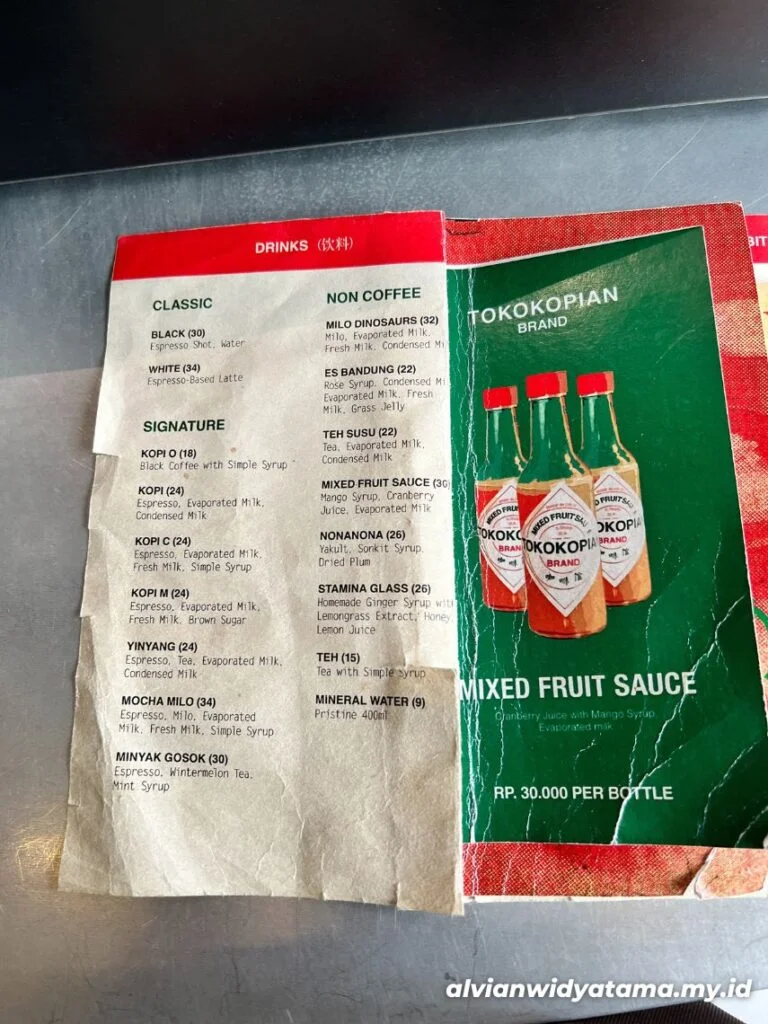 Menu minuman di Toko Kopian, coffee shop di Cikini