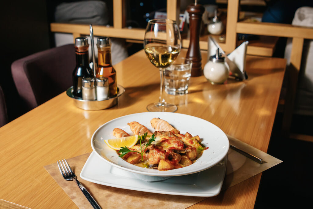 Fine dining with grilled salmon potatoes and cheese