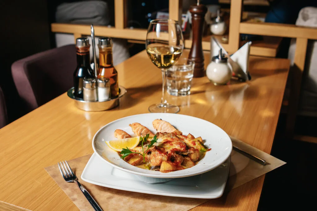 Fine dining with grilled salmon potatoes and cheese