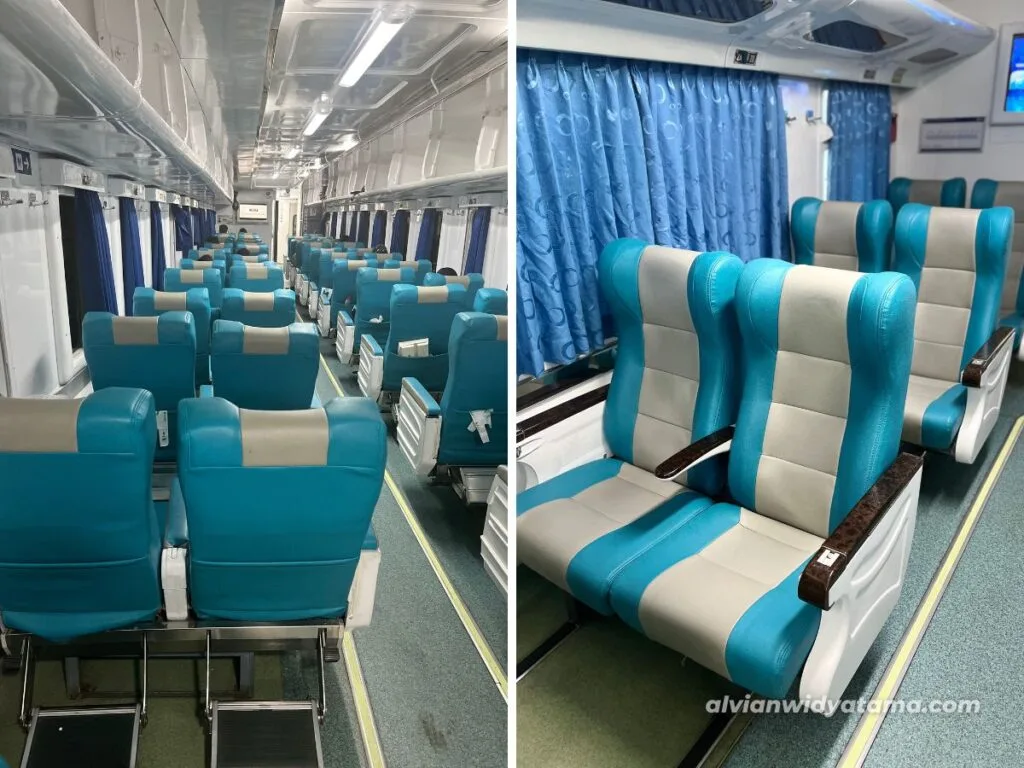 Interior Kereta Api Manahan, baik di rangkaian kaca pesawat maupun kaca lebar (sesama rangkaian kereta mild steel)